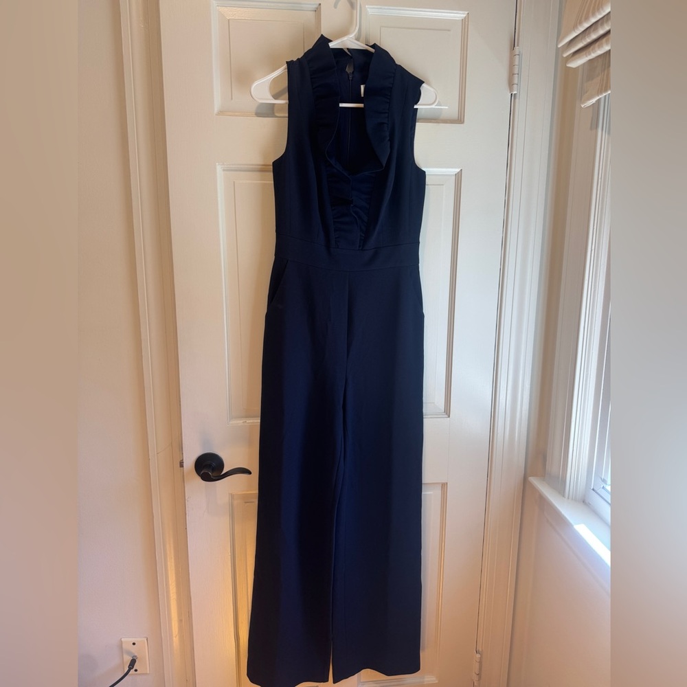 Eliza J Navy Ruffle Neck Jumpsuit